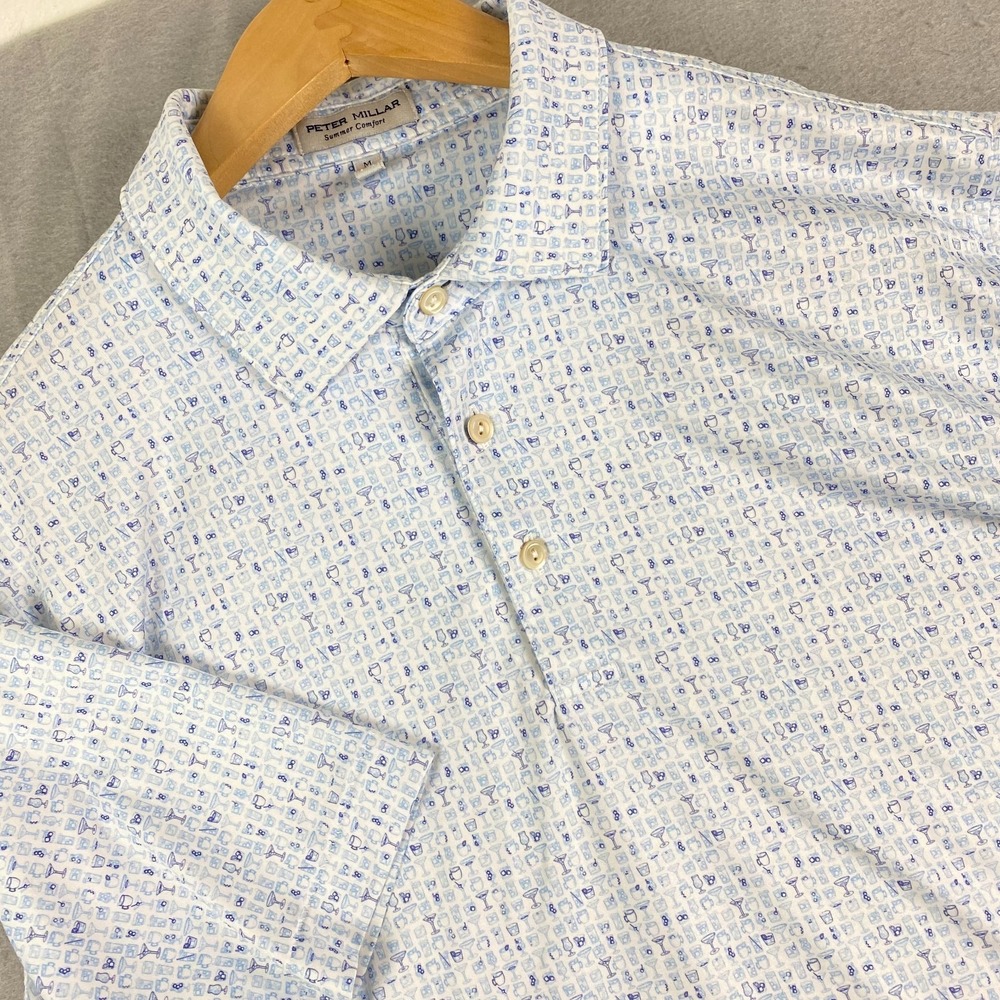 Peter Millar Golf Polo shirt M Cocktail Friday Margarita White Blue Print AOP - Picture 2 of 15